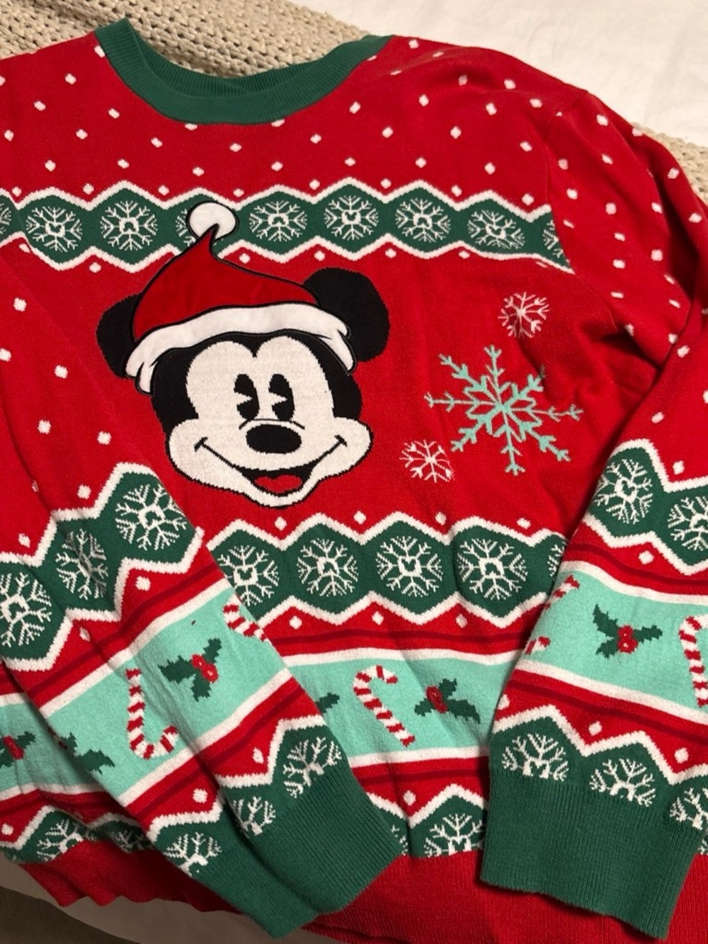 Disney Red Mickey Mouse Holiday Crewneck Sweater with Green and Teal Accents